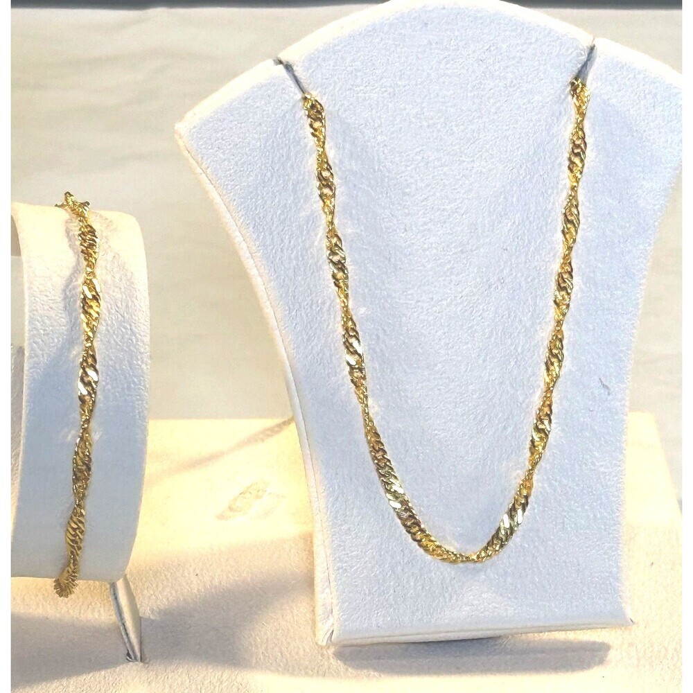 14K GP Gold Plated Singapore Chain Necklace Bracelet Set 18" 7.5" Twisted Link⁠